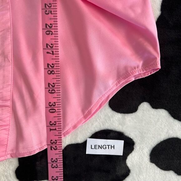 Pink Satin Deep Collar V Neck Tie Front Long Sleeve Mini Dress Small - Picture 10 of 11